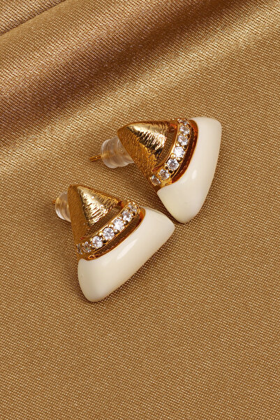 Süspüs Accessories White Enamel Gold Color Triangle Earrings with Stones in t...