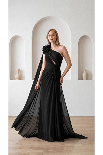 AbiyeSultan Women's Open Evening Dress - Rose Chiffon Evening Dress - Black E...