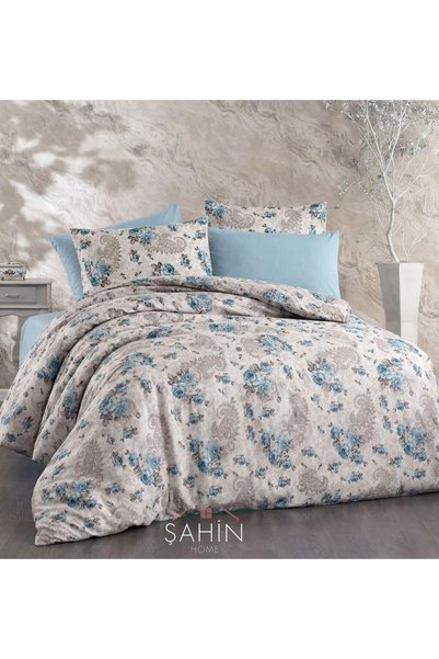 Şahinhome Set cuvertură de pilota dublă cu flori albastre și cearșaf elastic (160x200)