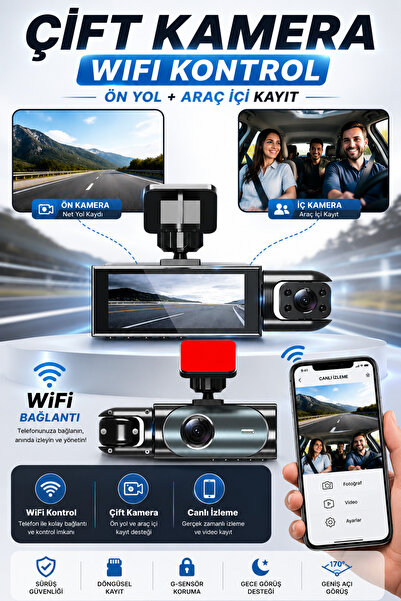 Zineets Wifi 1080p Araç İçi Çift Kameralı Lcd Ekranlı Gece Görüşlü G-sensör G...