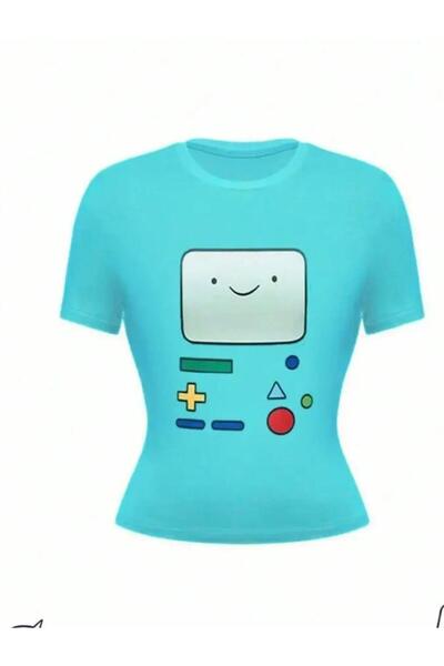 İsra Ayyıldız Moonstar Collection Mavi Adventure Time BMO Face Y2K Kısa Kollu...