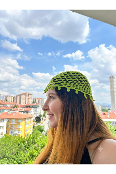 Bohan Accessories El Yapımı Yeşil Örgü Bere- Bohem Tarz Saç Aksesuarı