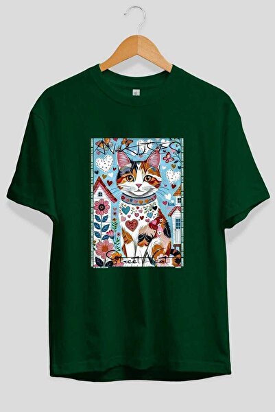Ankhises For the Love of Cats 102 Front Cat Printed Green Oversize T-Shirt 10...
