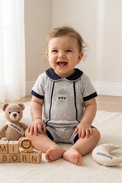 MİNİBORN Baby Boy Sailor Collar King Crown Embroidered Short Sleeve Barbatöz