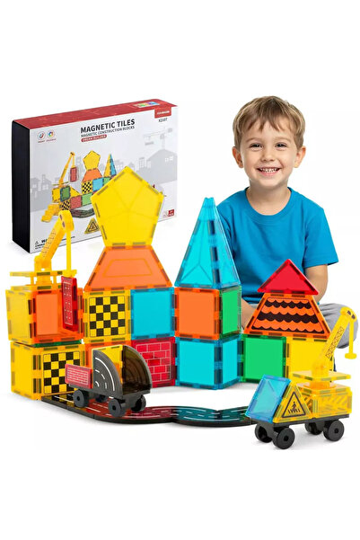 Floopy Set de constructie magnetic, 50 piese, 3D, Vehicule Santier, STEM, Blo...