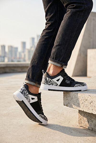 Moda Devrin Siyah Beyaz Modern Tasarım Mermer Desenli Unisex Kaymaz Taban Sne...