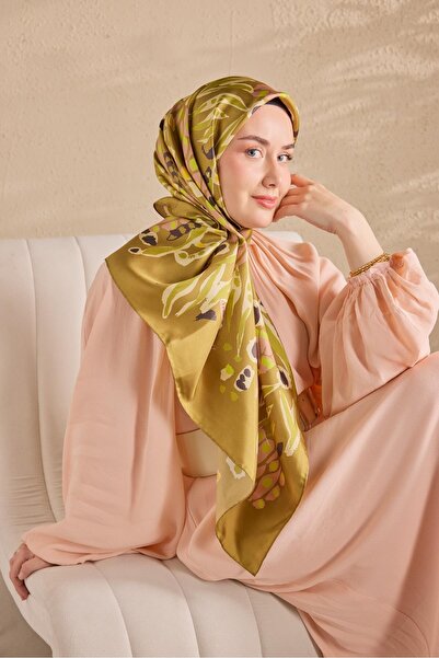 Silk Home Eșarfă din mătase twill coral verde ulei 90x90