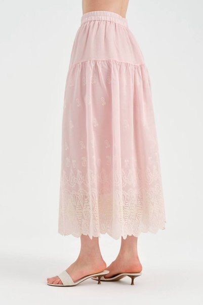 tw3 Women's Skirt with Embroidery Detail at the Hem, Elastic Waist Design, Long Skirt
