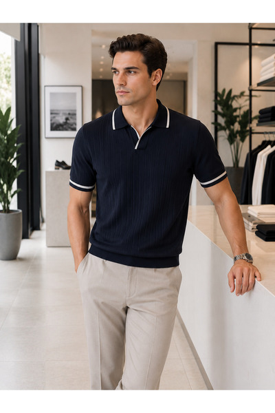 ixir Tricou pentru bărbați cu guler polo, cu tiv, din tricotaj, cu mânecă scu...