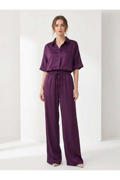 Finelook Women's Luxury Satin Matching Set - Lightweight Plum Two-Piece Loung...