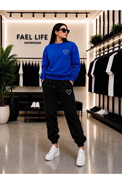 FAEL LİFE Unisex Wide Cut Zero Neck and Sweatpants Minimal Heart Printed Set