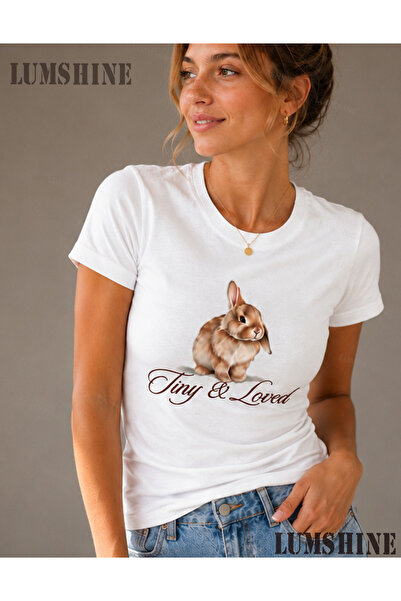 LUMSHİNE White Women's Lycra Short Sleeve Cute Rabbit Printed Body-Hugging T-...