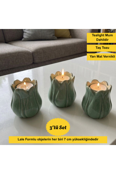 Nigistore Lale Formlu Bohem 6 Parça Mum Takımı ( 3 Tane Mumluk - 3 Tane Teali...