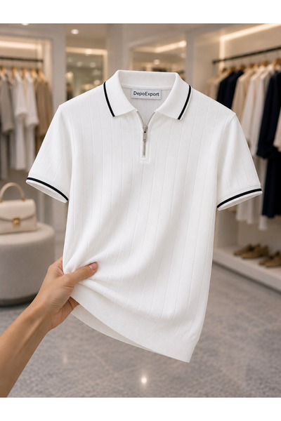 DepoExport Erkek Polo Yaka Fitilli Triko Tişört Fermuarlı Kısa Kollu