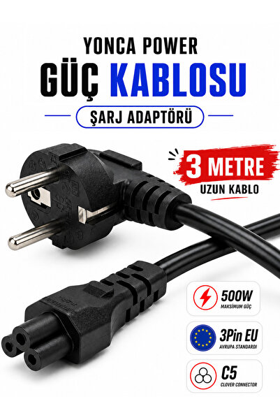 Vwin Yonca Power Güç Kablosu Şarj Adaptörü 3 Pin Notebook PC Laptop Güç Kablo...