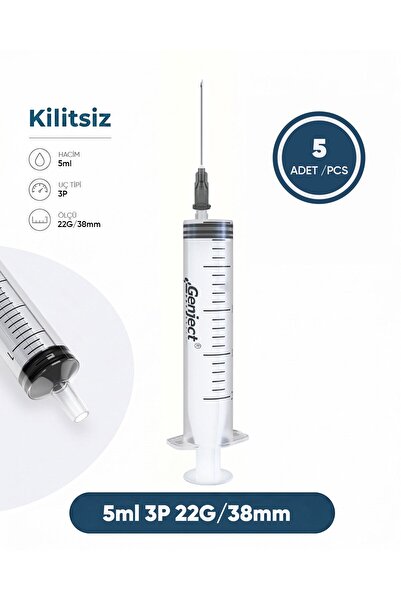Genject 5 ml 3 Parçalı 22G (0.72mm) 38mm, Siyah İğneli Şırınga, Enjektör 5 Ad...