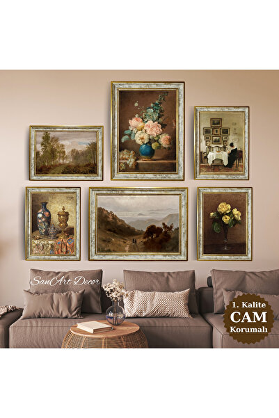 Sanart Set de picturi în ulei vintage înrămate, set de picturi înrămate din 6...
