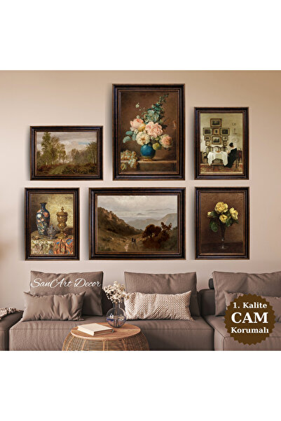Sanart Çerçeveli Vintage Yağlı Boya Tablo Seti, 6 Parça Çerçeveli Tablo Seti,...