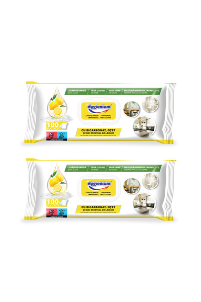 Hygienium Set 2 x Servetele umede Hygienium, 100 buc, 23x21, 5 cm, cu bicarbo...