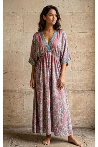moda gk Shiny Patterned Bohemian Silk Dress with Bead/Embroidery Detail