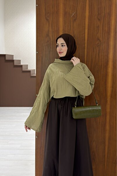 Faya Boutique Çağla Yeşili Vual Keten Crush Bluz
