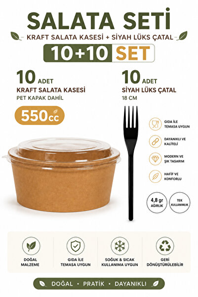 alenked Kraft Karton Salata Kasesi 550 cc Pet Kapaklı 10’lu Set + Siyah Lüks ...