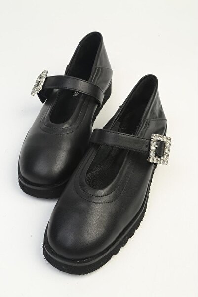 Pierre Cardin Women's Black Stone Buckle Thick Sole Ballerinas