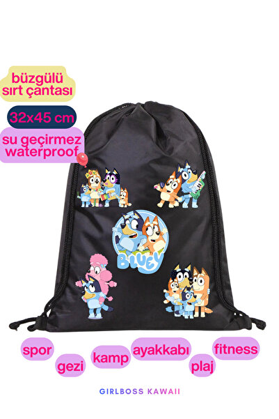 Girlboss Kawaii Bluey Waterproof Black Drawstring Backpack, Sports Bag