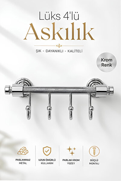 Badem10 Krom 4'lü Askılık Duvara Monte Banyo Mutfak Antre Vestiyer Havlu Elbi...