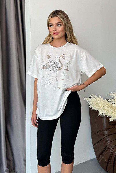 GİYSA Γυναικείο T-shirt με λαιμόκοψη ποδηλάτου και σχέδιο φλαμίνγκο με πέτρες...