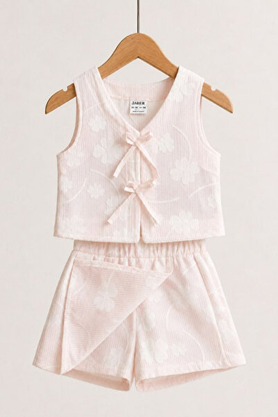 Generic Brand Girl's Floral Patterned Jacquard Vest and Shorts Skirt Set Pink