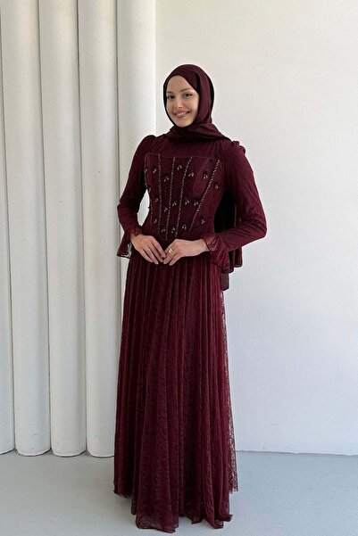 Modaensarbutik Mirella Dantel & Boncuk İşlemeli Korse Detaylı Tesettür Abiye-...