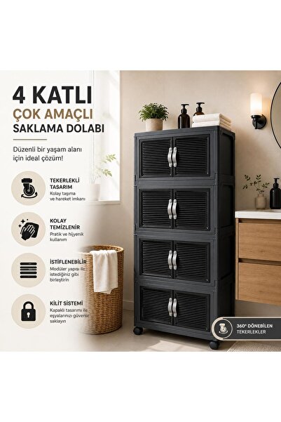 LOREMPBOX 4 Katlı Çok Amaçlı Plastik Saklama Dolabı Tekerlekli Kapaklı Düzenl...