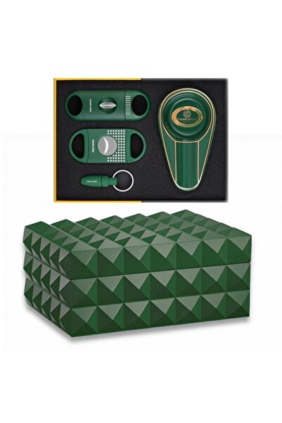 CIGARLOONG Quasar Design Humidor Puro Kutusu Mat Yeşil 80's ve Puro Seti