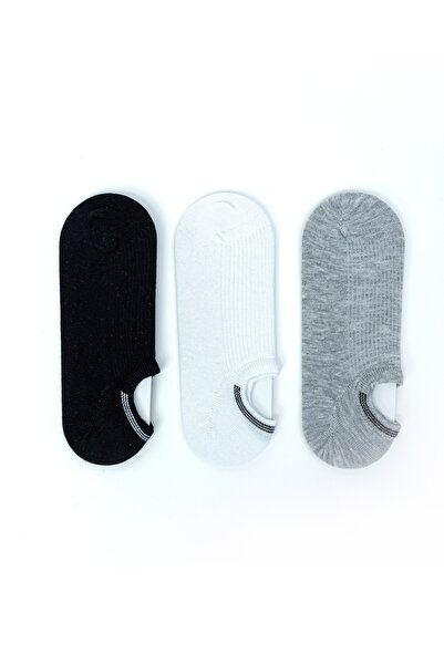 KNITON Dikişsiz Düz Kadın Sneaker Penye 3 Çift Çorap Gri-Beyaz-Siyah Karma Renk Set