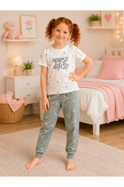 SERPİL Kız Çocuk Oopsy Daisy Baskılı Pamuklu Pijama Takımı Kısa Kollu Uzun Al...