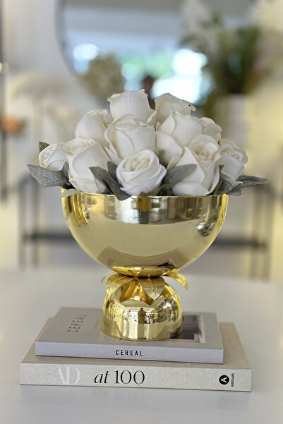 Shura Homeware Flowers Large Vase Cream Rose Floral Metal Gold Vase