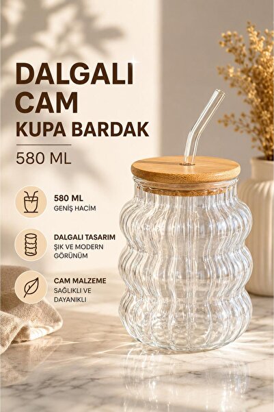 MİORA HOME BAMBU KAPAKLI CAM PİPETLİ KUPA BARDAK