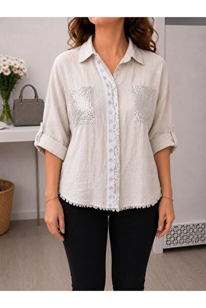 MARE BUTİK Pure Linen Shirt with Sequin Pockets-Stone