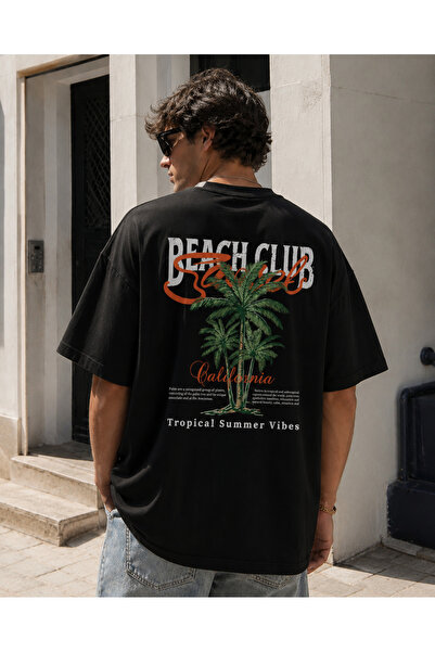 Modivibe Beach Club Oversize Unisex Black T-Shirt with Back Print