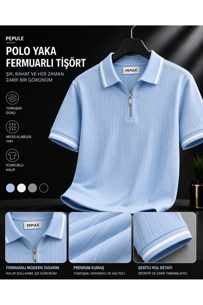 oneoff Polo Collar Knitwear Textured Half-Zip Regular Cotton T-Shirt