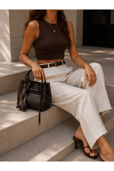 Pratsska Coffee Gold Detailed Mini Women's Hand and Shoulder Bag |   Stylish Daily