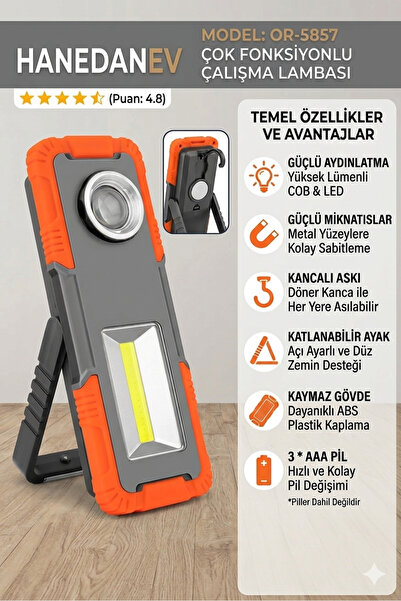 Hanedanev Çok Fonksiyonlu COB LED Çalışma Lambası - Mıknatıslı, Kancalı, Ayak...