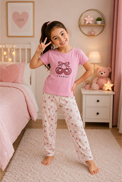 SERPİL Kız Çocuk Kiraz Baskılı Pijama Takımı Kısa Kollu Pamuklu Uzun Alt Ev G...