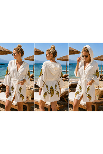 Store Kapüşonlu Müslin Kimono Bornoz – Leopar Desenli %100 Pamuk Plaj, Spa ve...