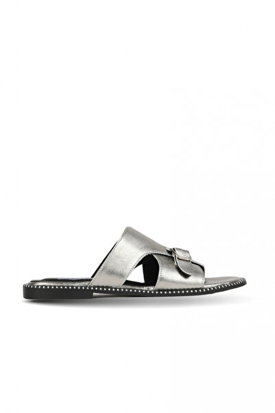 BUENO Silver Shiny Leather Women's Flat Slippers