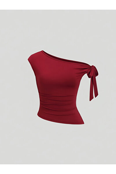 Take Two By Styli Burgundy One Shoulder Knot-Detail Top