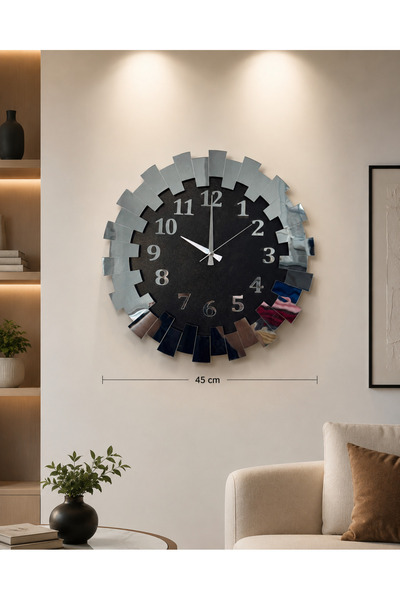 MORPELA 45 Cm Modern Duvar Saati MDF Gövde Gümüş Pleksi Detaylı Sessiz Akar M...