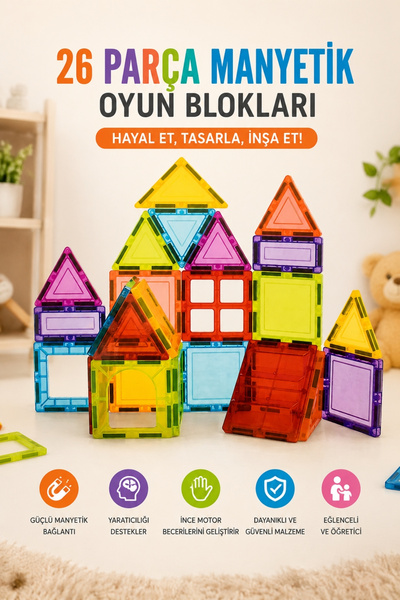 Toyaş 26 Parça Manyetik Blok Seti Çocuklar İçin Eğitici Yapı Oyuncağı STEM Ta...
