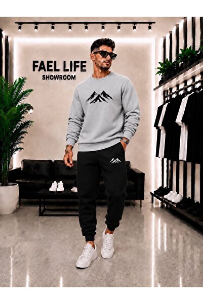 FAEL LİFE Unisex Wide Cut Zero Neckline and Sweatpants Mountain View Printed Set